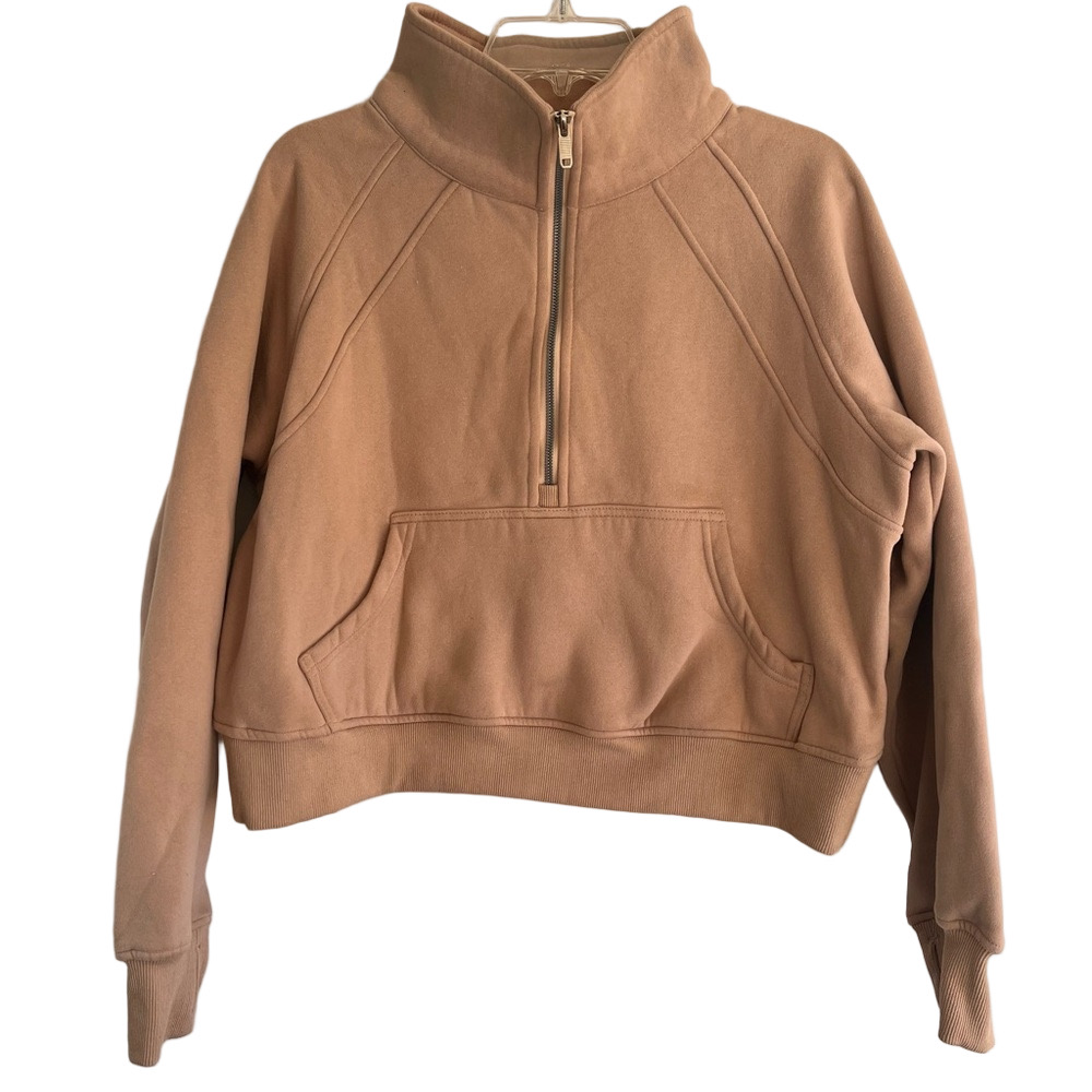 Yoga Style Cozy Tan Half-Zip Sweatshirt Womens M Funnel Neck Cropped Athleisure